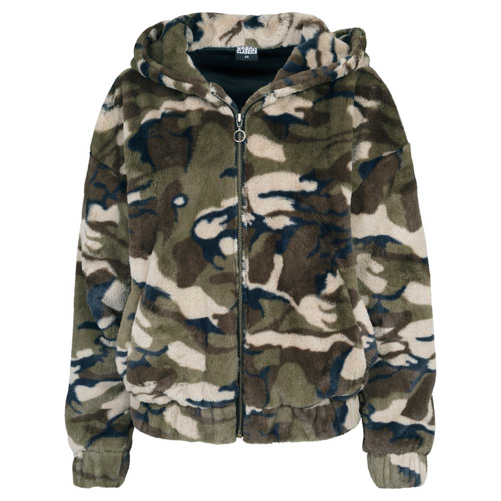 Urban Classics Camo Teddy dames winter jacket beigegroen dames jas camo groen met zwarte bont